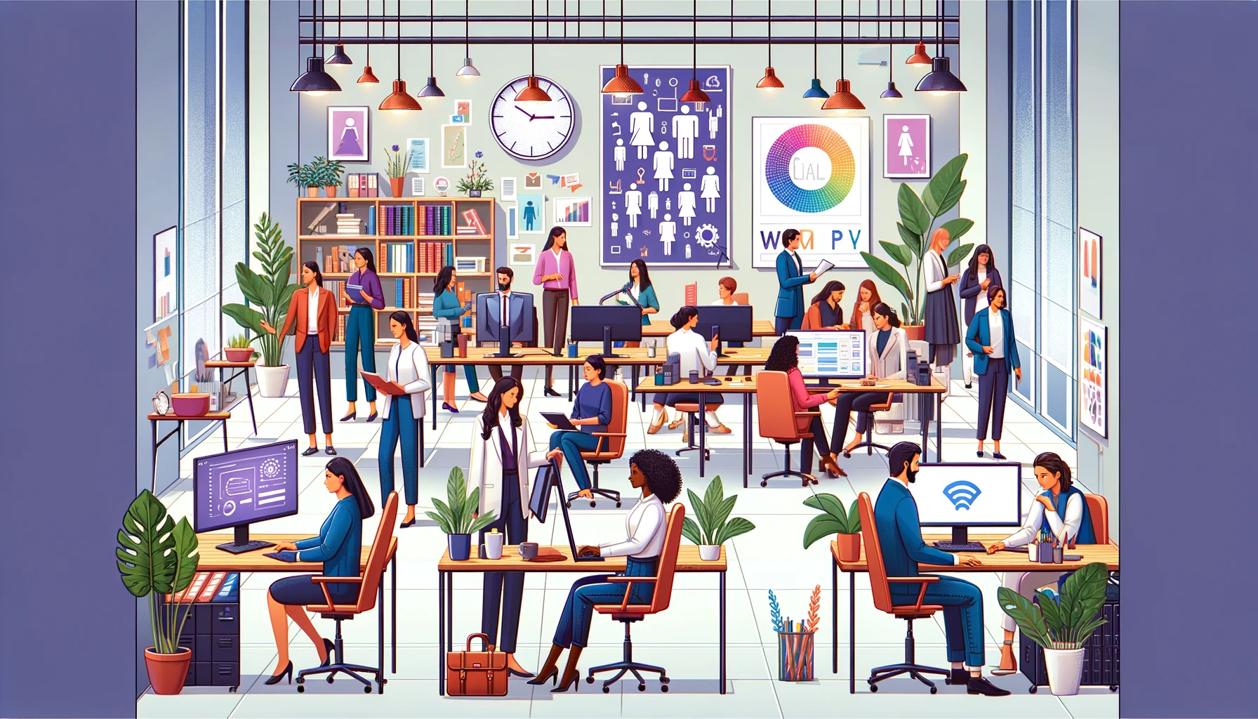 Imagen de una oficina moderna y diversa con personal trabajando en los registros REGCON. Juntos en un ambiente colaborativo y equitativo, simbolizan la igualdad de género y la prevención del acoso laboral.