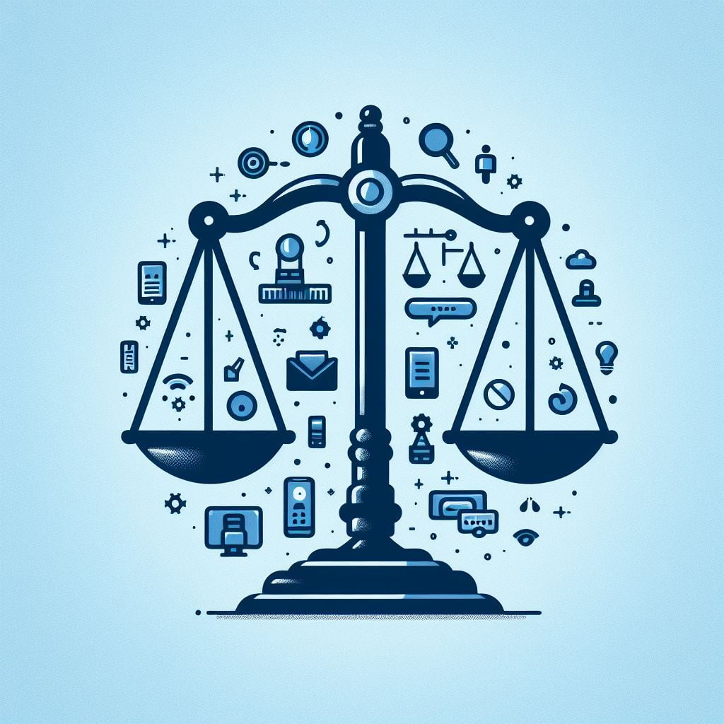 Ilustración en tonos azules sobre un fondo claro. Muestra una balanza grande y detallada en el centro, simbolizando la justicia y cumplimiento de la Ley Orgánica 3/2007, de 22.