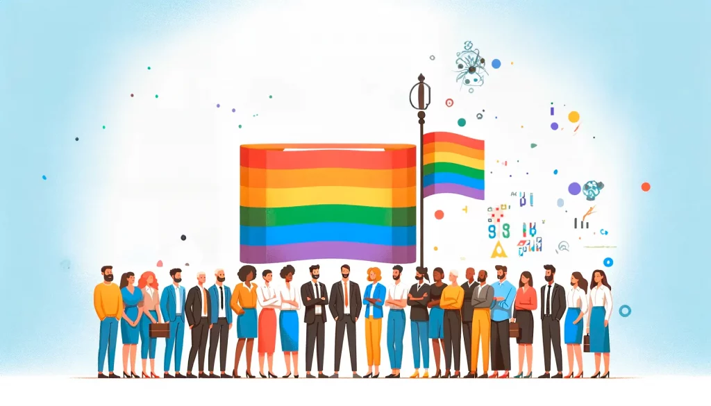 Grupo diverso de profesionales en Cursiva.info promoviendo la inclusión con banderas del orgullo LGTBI, en alineación con la Ley 4/2023 de diversidad.