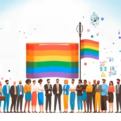 Grupo diverso de profesionales en Cursiva.info promoviendo la inclusión con banderas del orgullo LGTBI, en alineación con la Ley orgánica 4 2023 de diversidad.